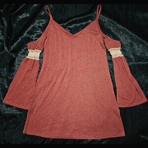 boho crochet cold shoulder warm mauve bell sleeve long top